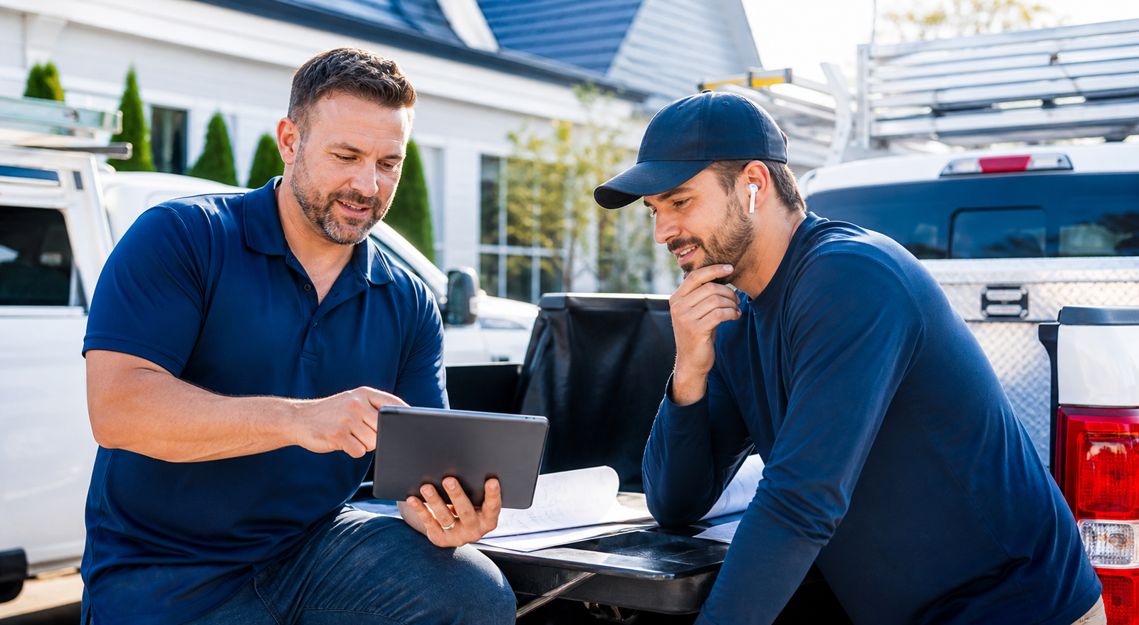 Roofing professionals reviewing website support on a tablet