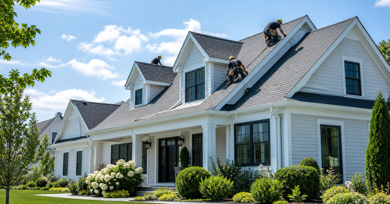 Professional roofers working on a bright residential home